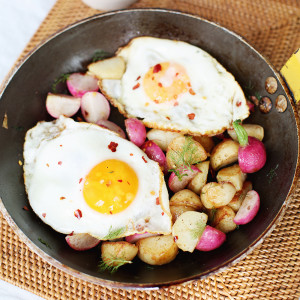 Recipe: Pan-roasted potato and radish hash with crispy fried egg