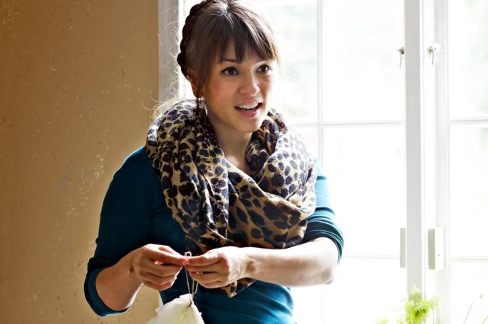 Rachel Khoo wears large scarf